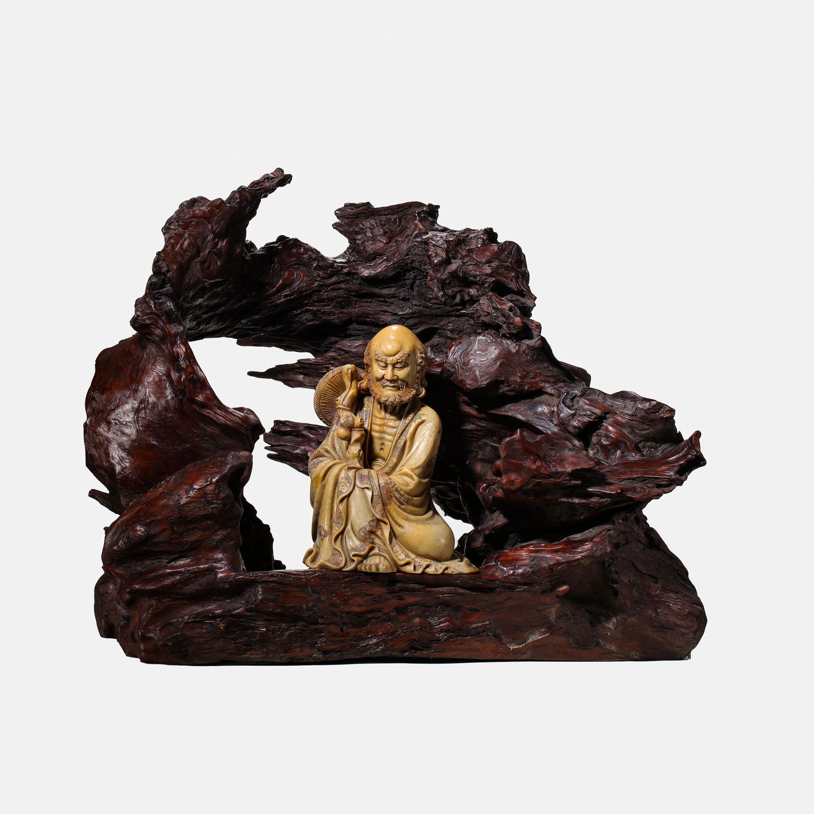 CHINESE QING DYNASTY SANDALWOOD STAND WITH A SHOUSHAN STONE ARHAT STATUE (1 of 12)