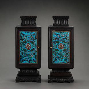 A PAIR OF CHINESE QING DYNASTY RED SANDALWOOD CLOISONNE TREASURE CHESTS: A PAIR OF CHINESE QING DYNASTY RED SANDALWOOD CLOISONNE TREASURE CHESTS H. 31 cm. W. 12 cm. Weigh 3400 cm.