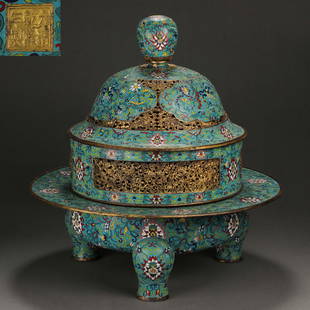 CHINESE QING DYNASTY CLOISONNE THREE-LEGGED STOVE: CHINESE QING DYNASTY CLOISONNE THREE-LEGGED STOVE H. 51 cm. Diam. 45 cm.