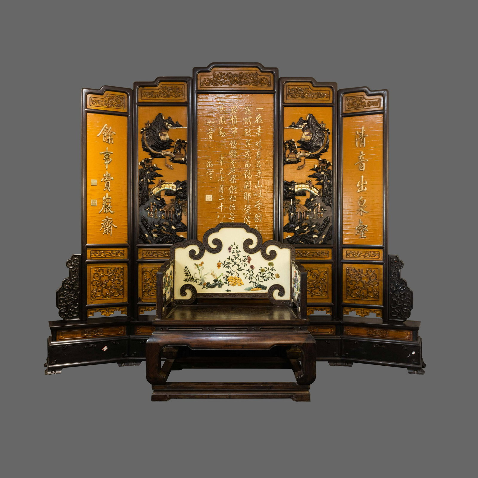 CHINESE QING DYNASTY PALACE BLOOD SANDALWOOD INLAID DUOBAO SCREEN AND PALACE THRONE (1 of 16)