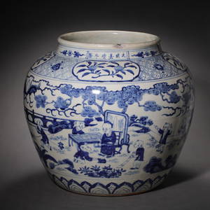 CHINESE MING DYNASTY BLUE AND WHITE FIGURES LARGE POT