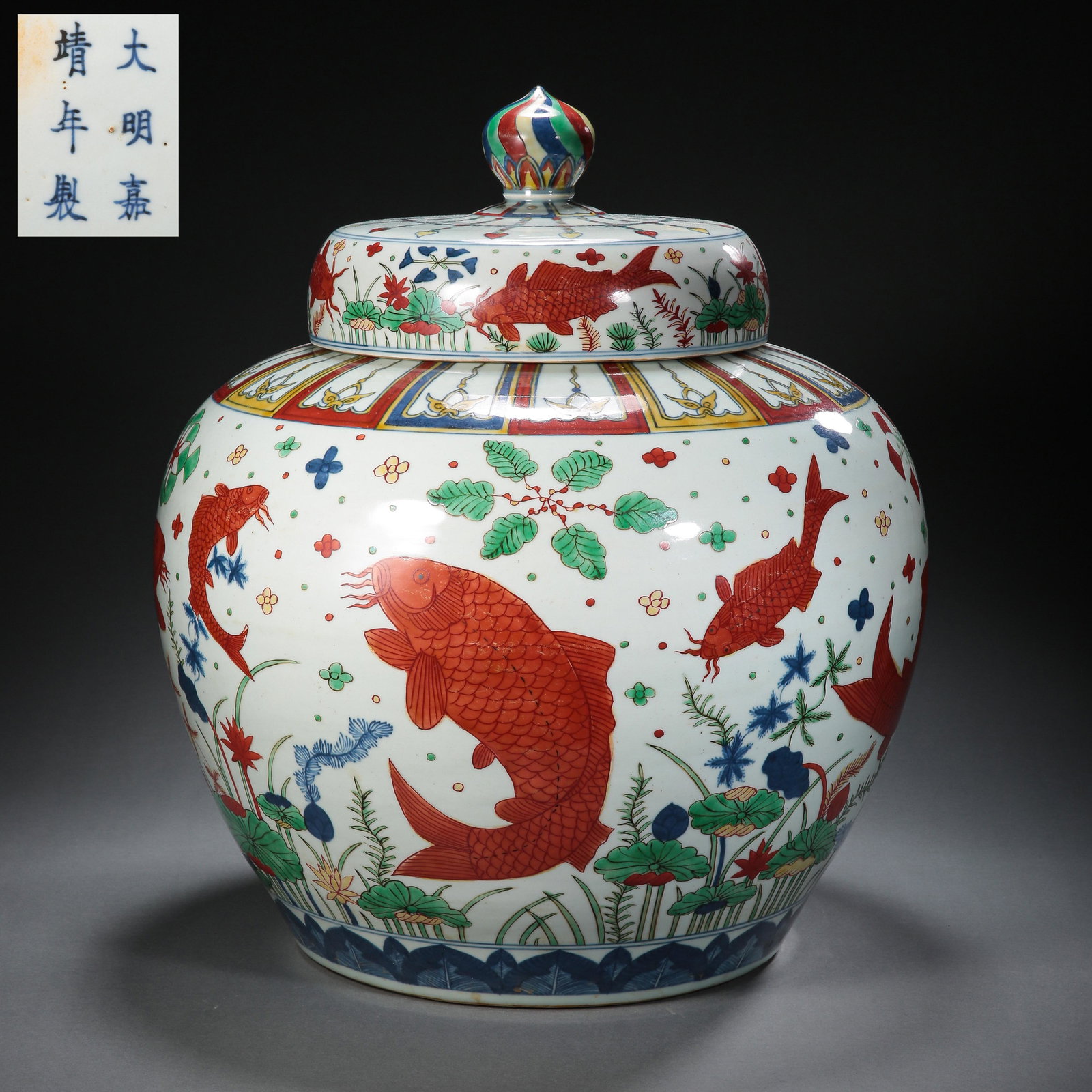 CHINESE MING DYNASTY MULTICOLORED FISH ALGAE PATTERN LID JAR (1 of 10)