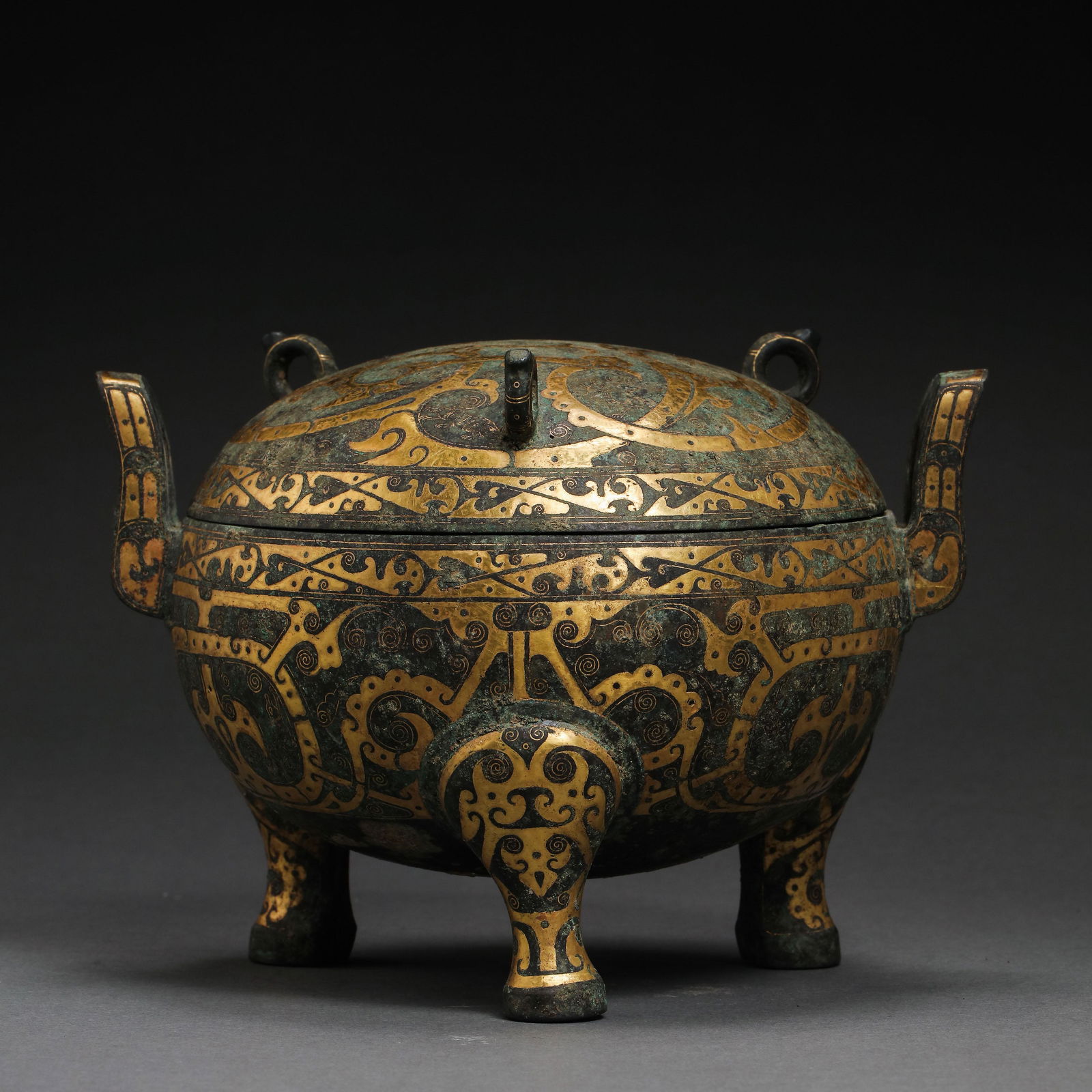 CHINA'S HAN DYNASTY BRONZE TRIPOD DING INLAID GOLD (1 of 14)