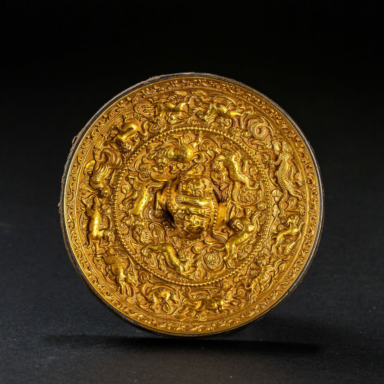 CHINESE TANG DYNASTY BRONZE MIRROR INLAID WITH GOLD SHELL (1 of 9)