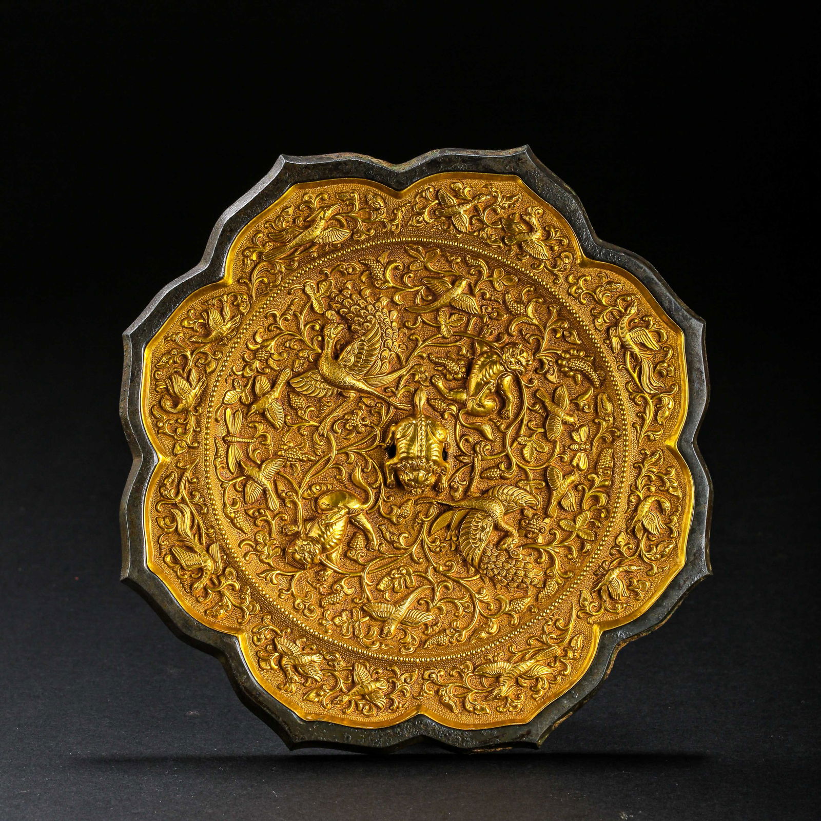 CHINESE TANG DYNASTY COPPER INLAID GOLD SHELL OCTAGONAL MIRROR (1 of 11)