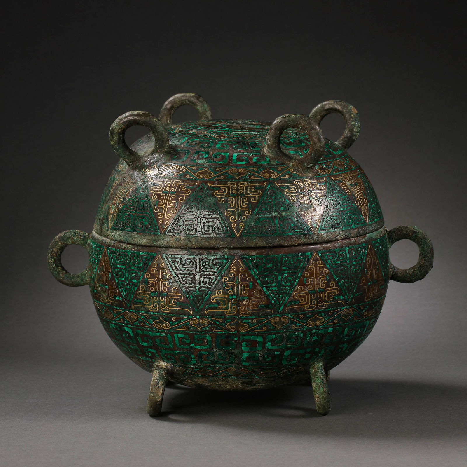 CHINA'S WAR AND HAN DYNASTY BRONZE INLAID MALACHITE DUN-STYLE TRIPOD DING (1 of 11)