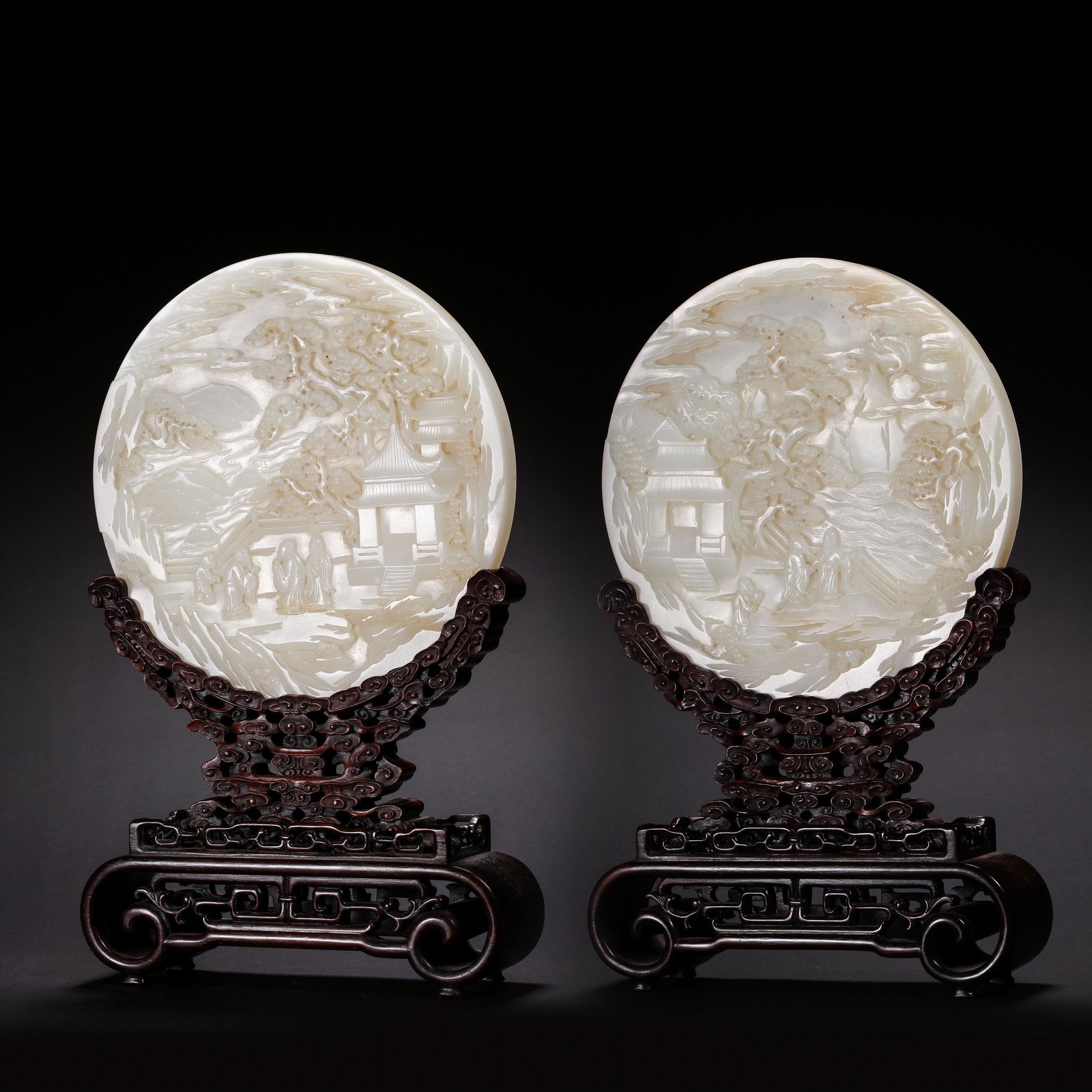 A PAIR OF CHINESE QING DYNASTY RED SANDALWOOD AND HETIAN JADE SCREEN (1 of 12)