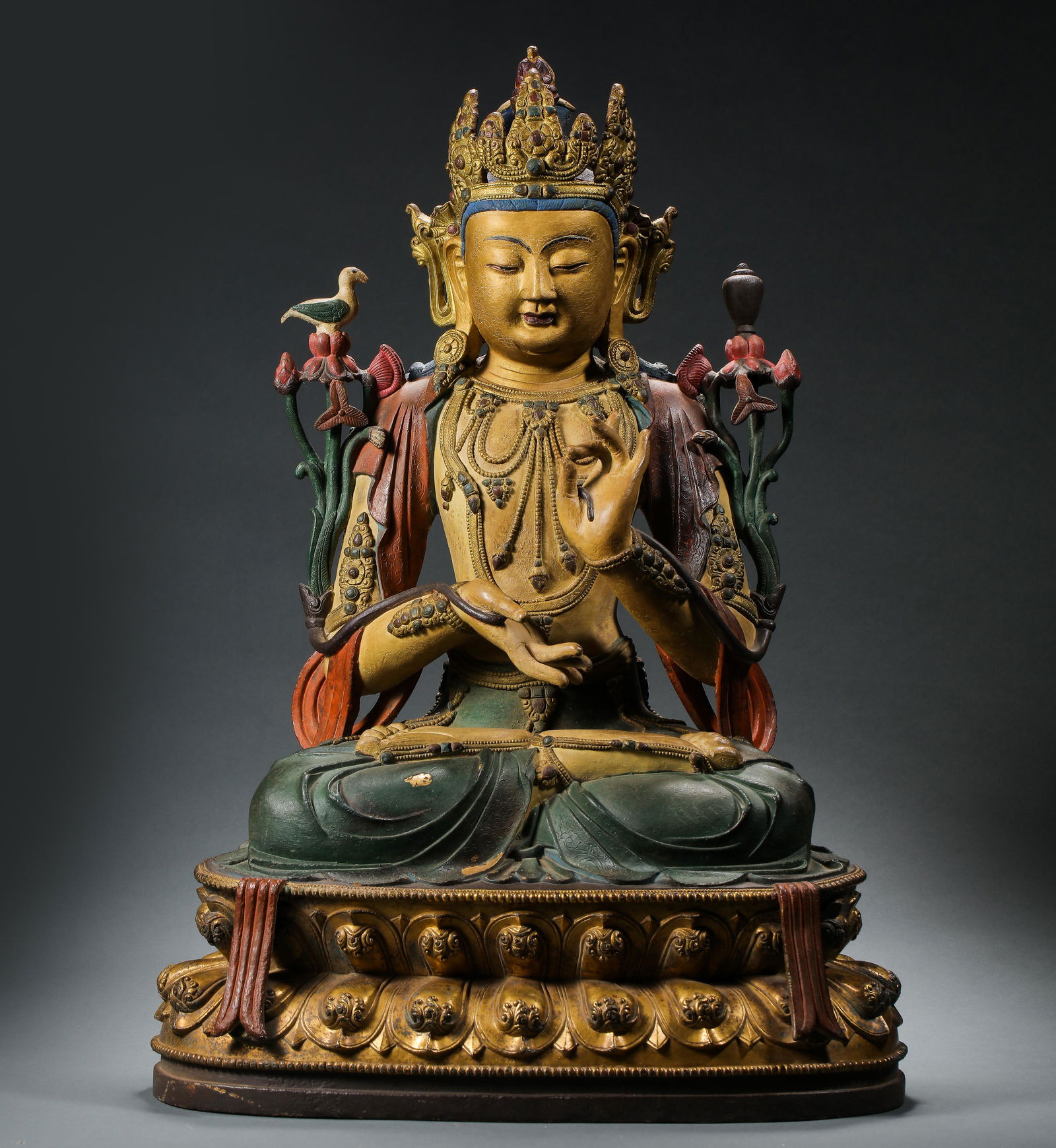 CHINESE MING DYNASTY GILT BRONZE AND PAINTED BUDDHA SEATED STATUE (1 of 12)