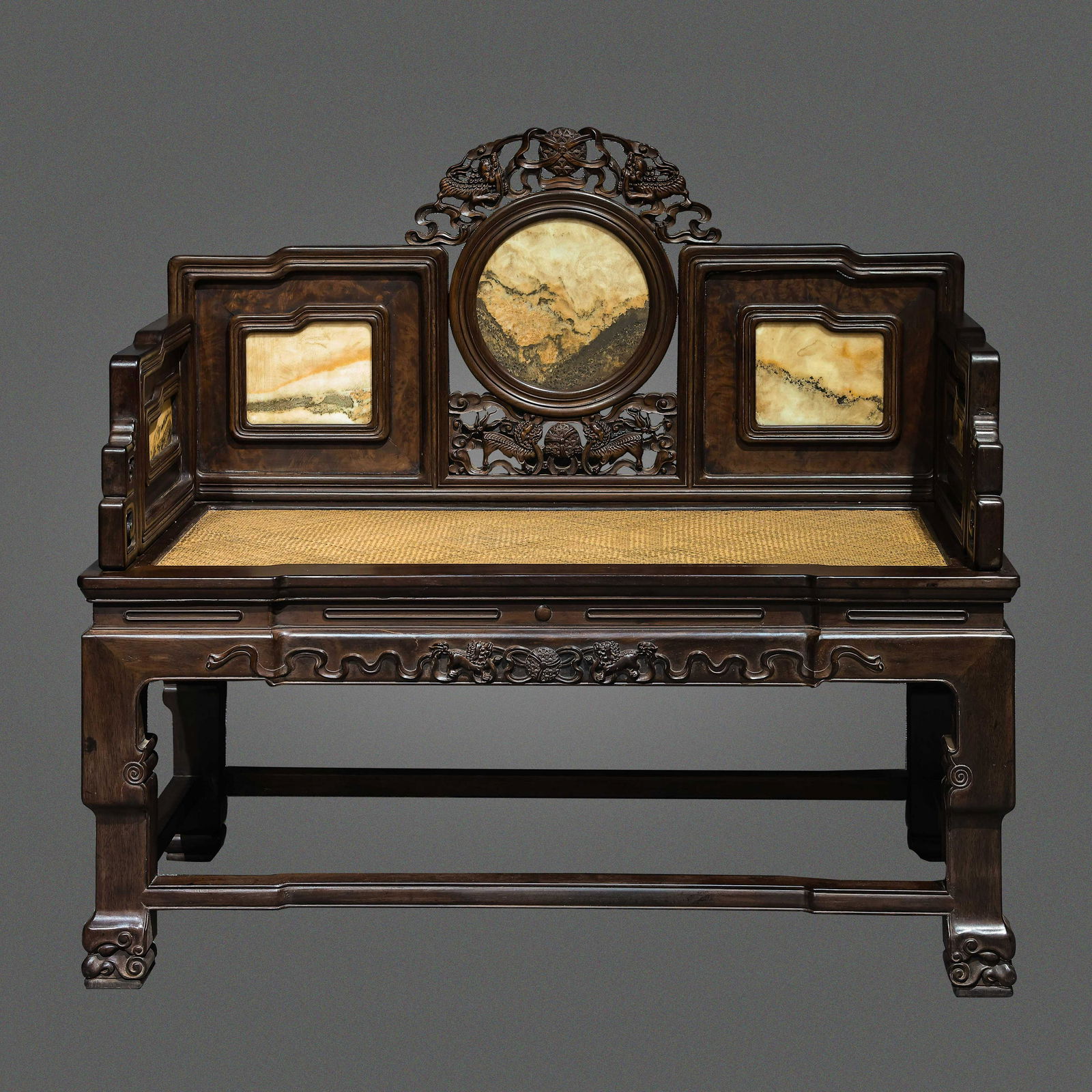 CHINESE QING DYNASTY YELLOW PEAR WOOD INLAID MARBLE THRONE (1 of 11)
