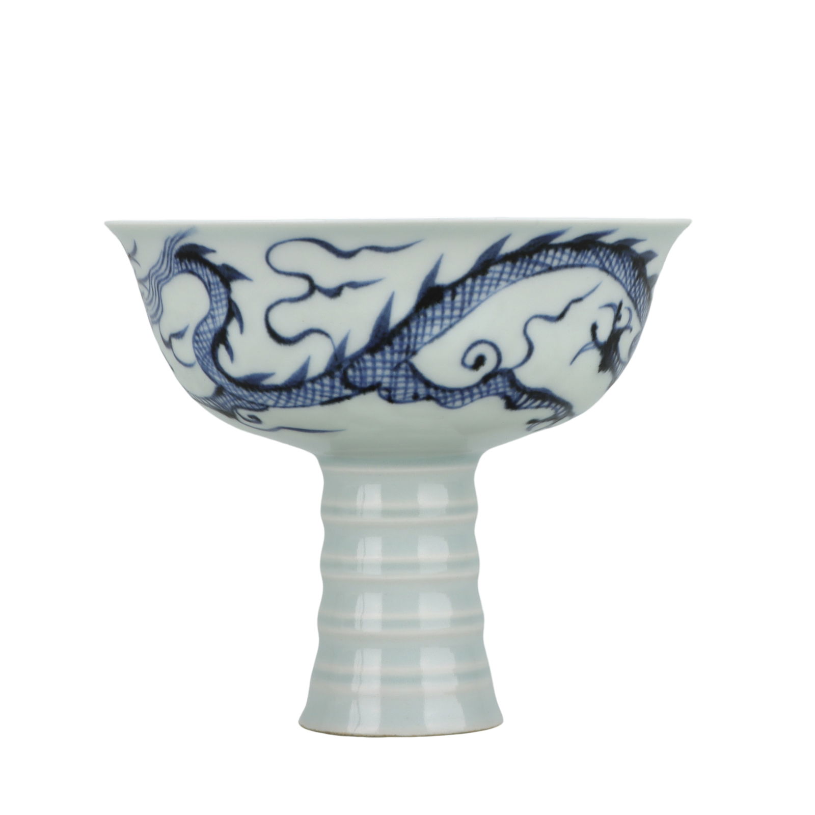 13TH-14TH CENTURY YUAN DYNASTY BLUE AND WHITE DRAGON PATTERN TALL FOOT CUP (1 of 11)