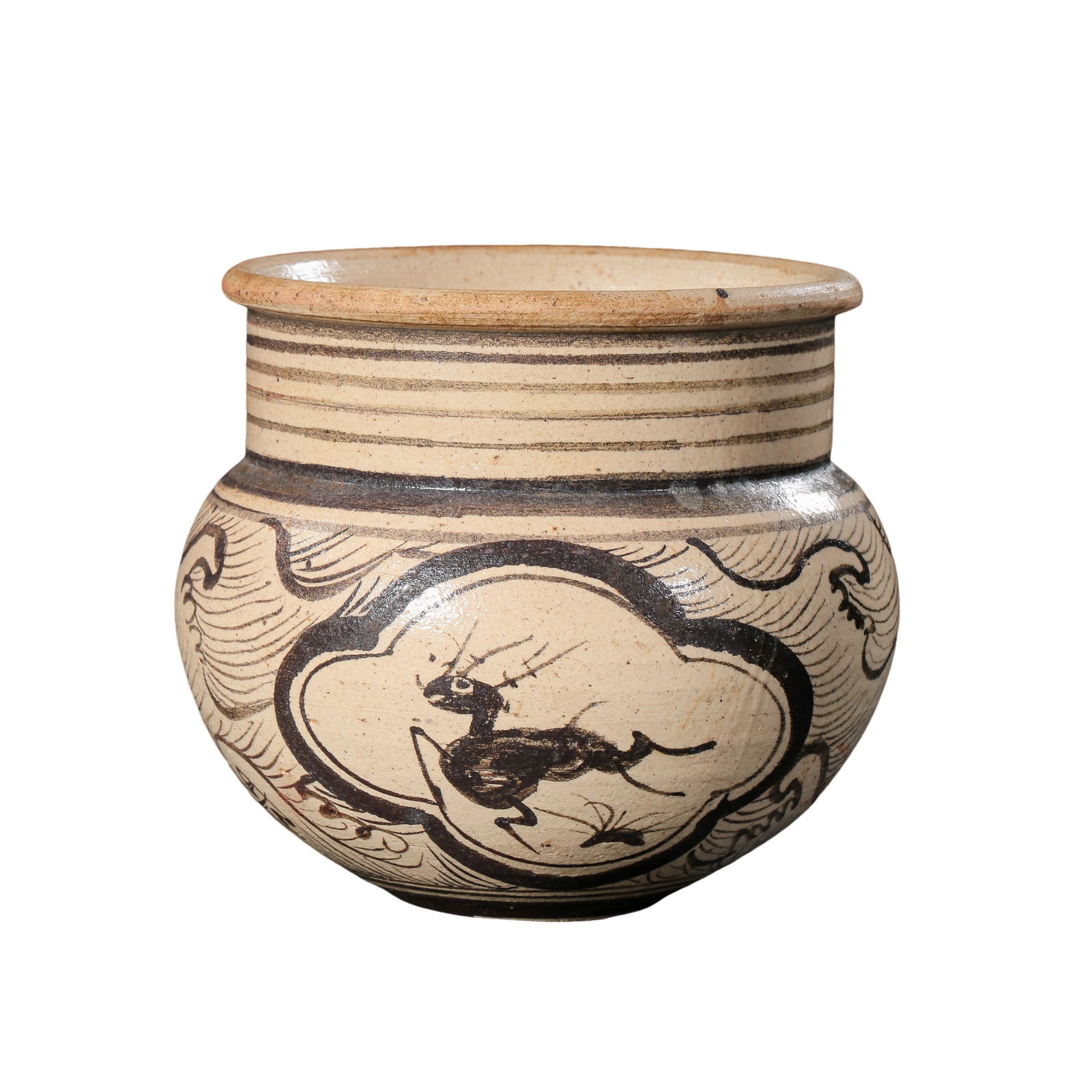 12TH-13TH CENTURY SOUTHERN SONG DYNASTY JIZHOU WARE PAPER-CUT DECAL DEER PATTERN BUNCHED MOUTH JAR (1 of 10)
