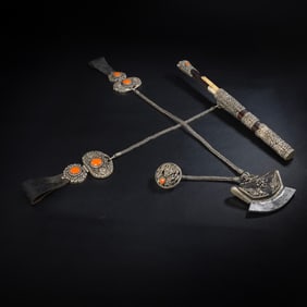 Chinese Qing Dynasty pure silver gemstone Mongolian knife