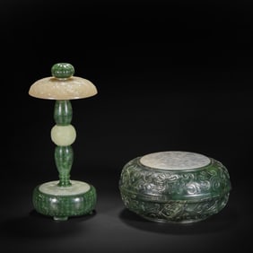 A set of Chinese Qing Dynasty Hetian white jade inlaid Hetian jasper lampstands and lid boxes