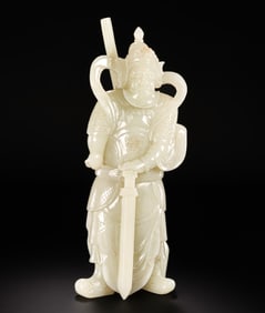 Chinese Qing Dynasty Hetian white jade standing god of wealth from the Han Dynasty