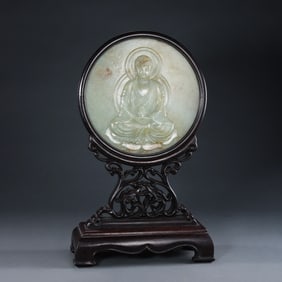 Chinese red sandalwood inlaid Hetian jade screen from the Qing Dynasty