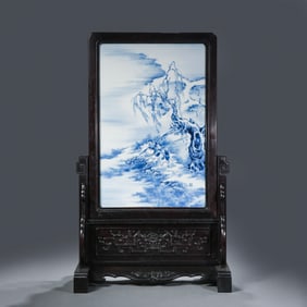 Blue and White Porcelain Panel Painting Insert Screen by Wang Bu, 20th Century Chinese Art Master