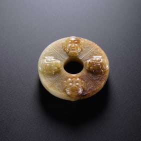 Chinese Han Dynasty white jade red hufigure head Bi