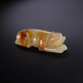 Chinese White jade tiger with red patina from the Han Dynasty