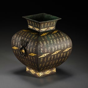 Square vase with gold and silver inlaid double shop handles from the Warring States Period, China