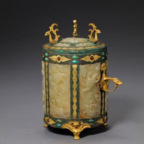 Chinese Han Dynasty gold-inlaid gemstone-inlaid jade cup