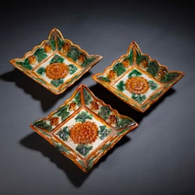A set of Chinese Liao Dynasty tri-color floral square plates
