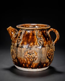 Chinese Tang Dynasty brown glaze pasted flower pattern four-handled pot