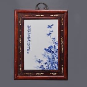 Chinese 20th century art master blue and white porcelain panel painting hanging screen