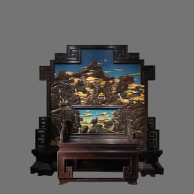 A group of Chinese Qing Dynasty red sandalwood inlaid multi-treasure throne and screen
