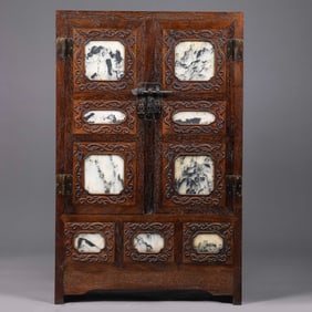 Chinese Qing Dynasty yellow pear wood inlaid marble cabinet