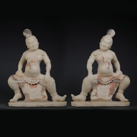 A pair of white marble painted Heavenly King seated statues of Northern Qi Dynasty, China