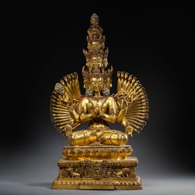 Chinese Qing Dynasty bronze gilt embedded turquoise thousand-hand Avalokitesvara Buddha sitting