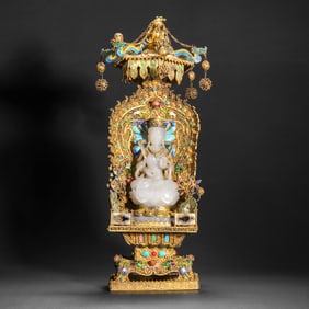 Chinese Qing Dynasty silver gilt inlaid Hetian white jade seated Buddha statue