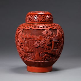 Chinese Qing Dynasty carved red cover jar
