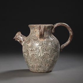 Chinese Tang Dynasty black and white twisted embryo glaze double tie chicken head handle pot