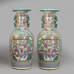 A pair of Chinese Qing Dynasty pastel figure story pattern vase with two ears