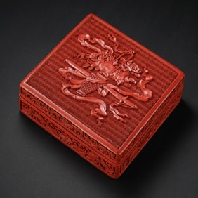 Chinese Qing Dynasty carved red carved square lidded box with Bogu pattern