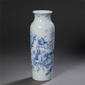 Chinese Qing Dynasty Blue and White Figure Story Pattern Elephant Leg Vase
