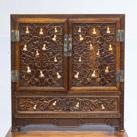 A pair of Chinese Qing dynasty Huanghuali wood inlaid Hetian jade gourd cabinets