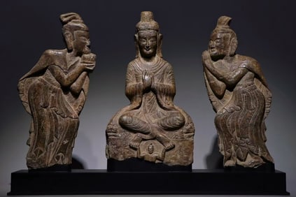 Three Buddha statues carved from bluestone in the Northern Wei Dynasty, China