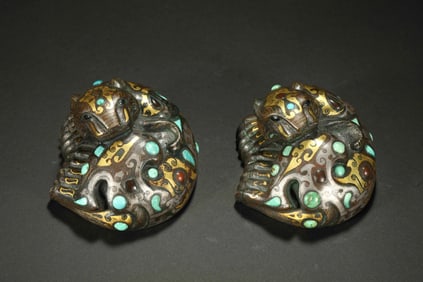 A pair of Chinese Warring States Period gold, silver and turquoise auspicious beast charms