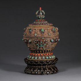 Chinese Qing Dynasty Tibetan Silver Inlaid Gemstone Covered Jar