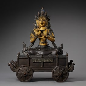 A Chinese bronze partially gilded six-character Buddha statue from the Qianlong period of the Qing