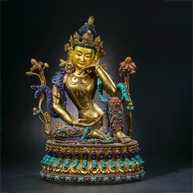 A Chinese Ming Dynasty Gilt Bronze Seated Buddha Figure Inlaid with Gems