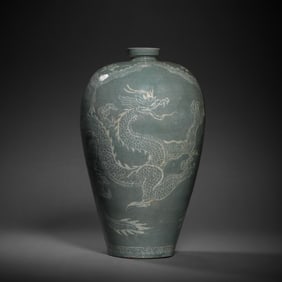 Korean Goryeo period celadon dragon-patterned plum vase