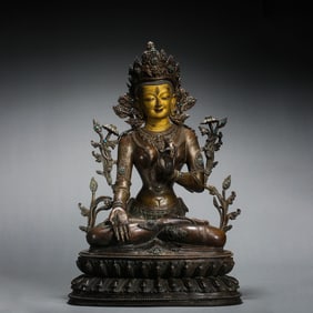 Partial Gilded Bronze Seated Buddha Figure inlaid with Gems, Qing Dynasty, China