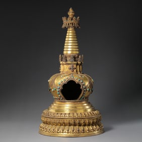 Chinese Qing Dynasty Gilded Bronze and Turquoise Buddhist Pagoda