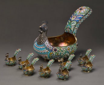 Chinese Qing Dynasty Cloisonné Enamel Phoenix Cup Inlaid with Gemstones