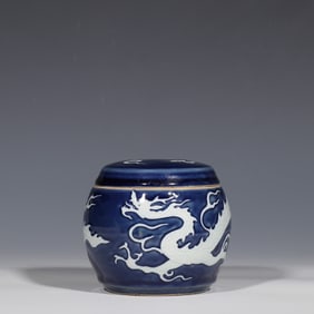 Chinese Yuan Dynasty Blue Glaze Jar with White Dragon Pattern