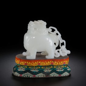 Chinese Qing Dynasty Hetian White Jade Chain Lion Incense Burner