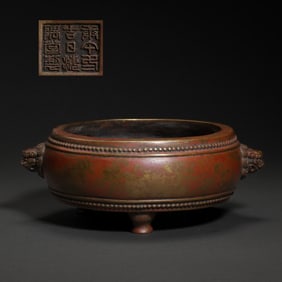 Chinese Ming Dynasty tripod bronze censer with double animal ears